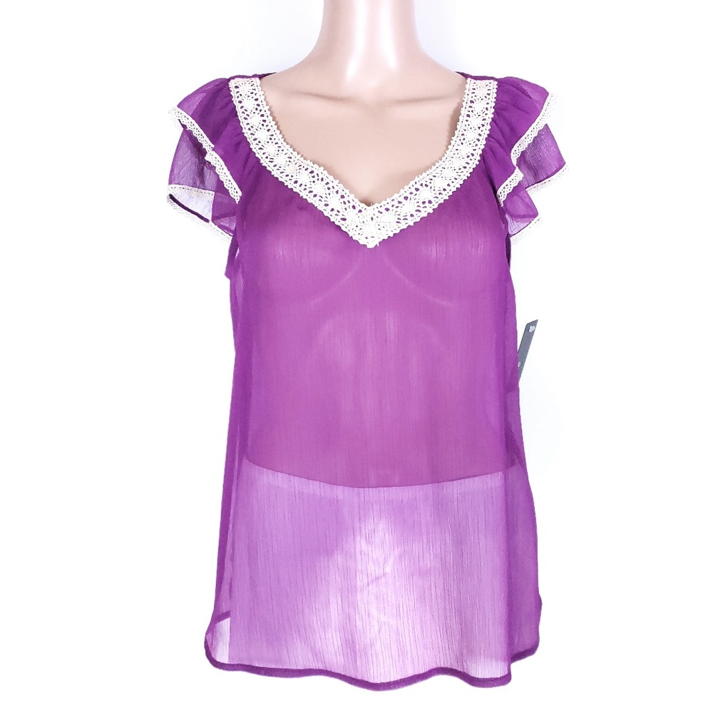 a.n.a  Women Top Blouse Sheer Lace Trim V-neck Size M - NWT